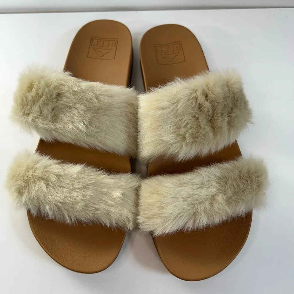 Reef Après Ski Cushion Vista Cozy 10 Faux Fur Slides Tan Coastal Grandmother